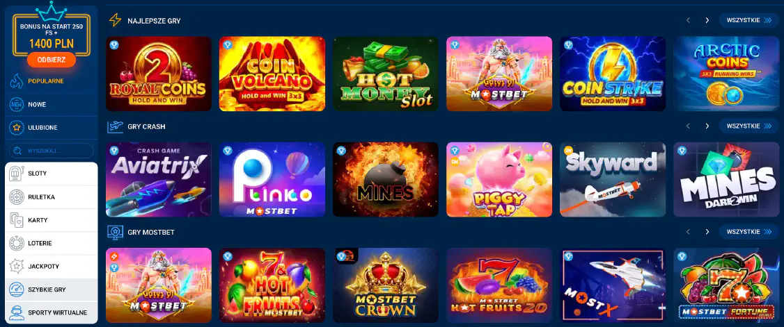 Gry kasynowe w Mostbet